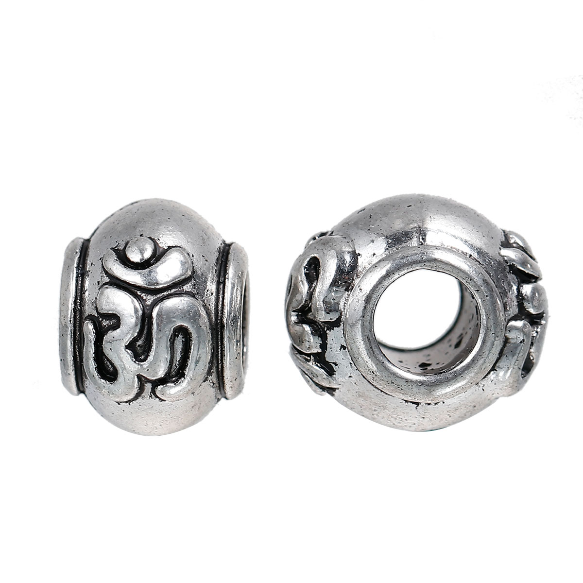 Picture of Zinc Based Alloy Yoga Healing European Style Large Hole Charm Beads Drum Antique Silver Color Yoga OM /Aum Carved About 14mm x 13mm, Hole: Approx 5.4mm, 5 PCs