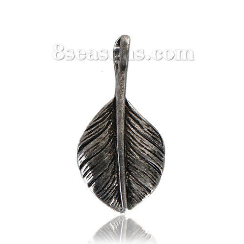 Picture of Brass Charms Feather Antique Silver Color 27mm(1 1/8") x 13mm( 4/8"), 2 PCs