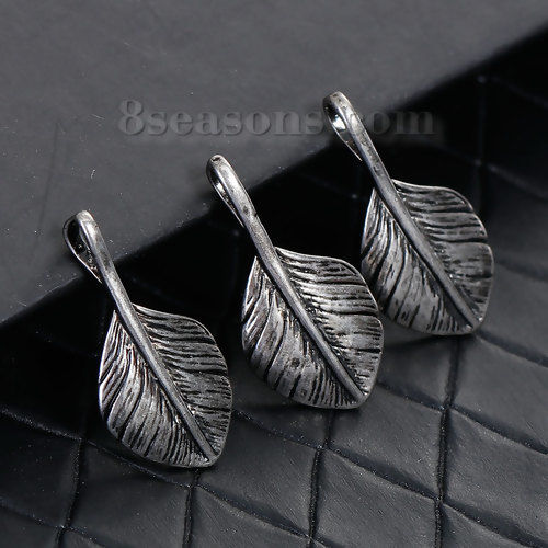 Picture of Brass Charms Feather Antique Silver Color 27mm(1 1/8") x 13mm( 4/8"), 2 PCs
