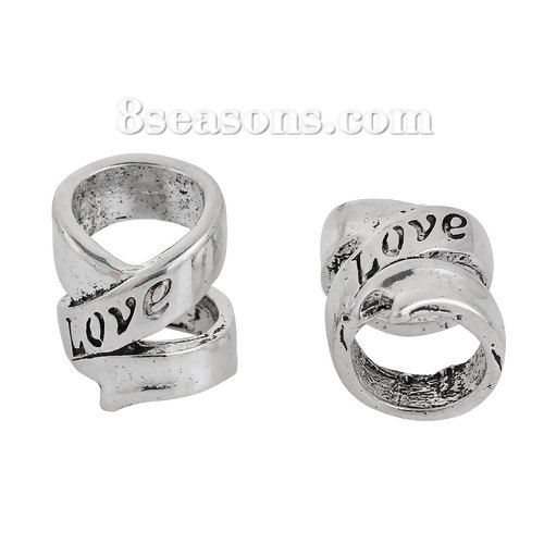 Picture of Zinc Based Alloy Spacer Beads Cylinder Antique Silver Color Message " LOVE " Carved Hollow 14mm x 13mm, Hole: Approx 9.7mm, 3 PCs