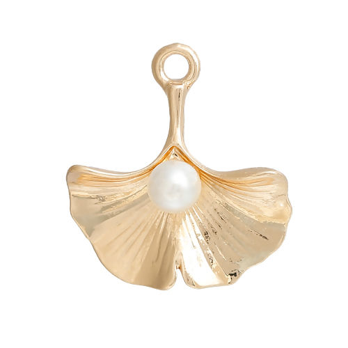 Picture of Brass Charms Gingko Leaf Gold Plated White Acrylic Imitation Pearl 23mm( 7/8") x 21mm( 7/8"), 10 PCs