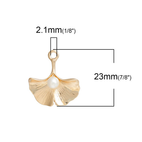 Picture of Brass Charms Gingko Leaf Gold Plated White Acrylic Imitation Pearl 23mm( 7/8") x 21mm( 7/8"), 10 PCs
