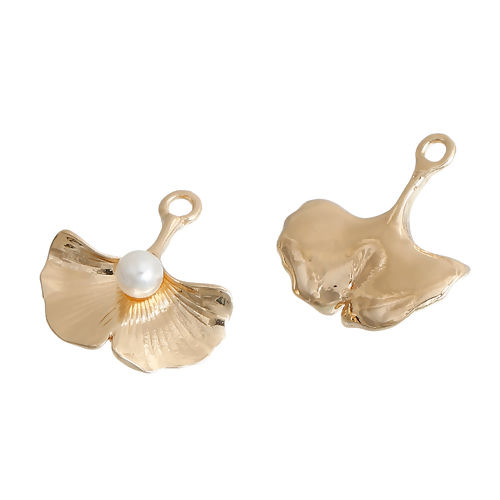 Picture of Brass Charms Gingko Leaf Gold Plated White Acrylic Imitation Pearl 23mm( 7/8") x 21mm( 7/8"), 10 PCs