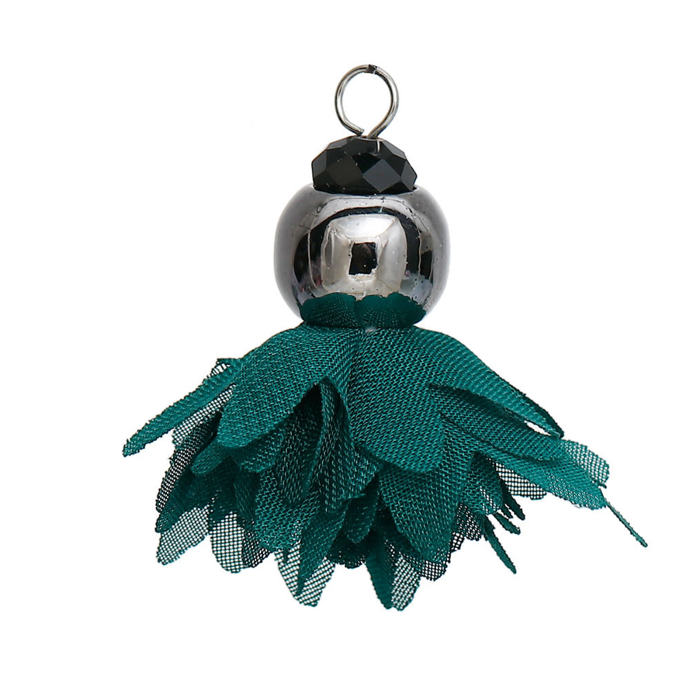 Picture of Polyester Tassel Pendants Flower Gunmetal Dark Green About Faceted 40mm(1 5/8") x 40mm(1 5/8"), 3 PCs