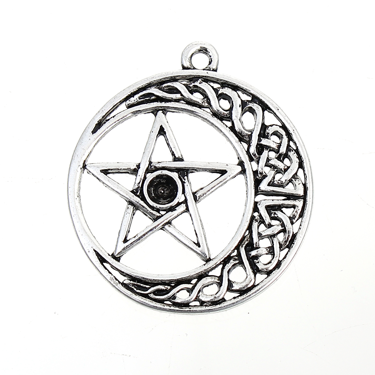Picture of Zinc Based Alloy Pendants Round Antique Silver Color (Can Hold ss16 Pointed Back Rhinestone) Celtic Knot Pentagram Star 33mm(1 2/8") x 30mm(1 1/8"), 5 PCs
