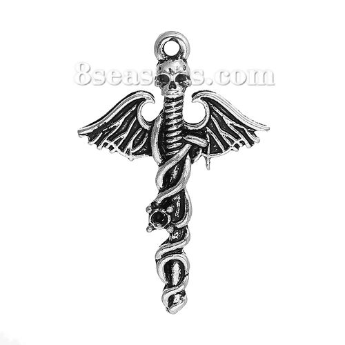 Picture of Zinc Based Alloy Pendants Halloween Skull Antique Silver Color (Can Hold ss3 Pointed Back Rhinestone) Wing 32mm(1 2/8") x 21mm( 7/8"), 5 PCs