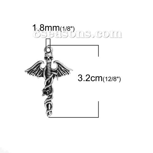 Picture of Zinc Based Alloy Pendants Halloween Skull Antique Silver Color (Can Hold ss3 Pointed Back Rhinestone) Wing 32mm(1 2/8") x 21mm( 7/8"), 5 PCs