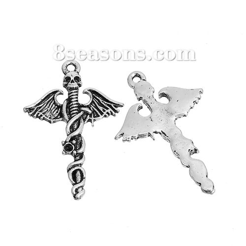 Picture of Zinc Based Alloy Pendants Halloween Skull Antique Silver Color (Can Hold ss3 Pointed Back Rhinestone) Wing 32mm(1 2/8") x 21mm( 7/8"), 5 PCs