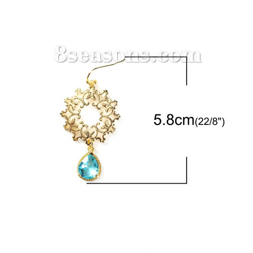 Picture of Brass Earrings Gold Plated Green Blue Drop Filigree Faceted 58mm(2 2/8") x 27mm(1 1/8"), Post/ Wire Size: (20 gauge), 1 Pair