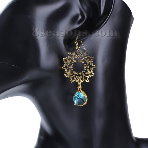 Picture of Brass Earrings Gold Plated Green Blue Drop Filigree Faceted 58mm(2 2/8") x 27mm(1 1/8"), Post/ Wire Size: (20 gauge), 1 Pair