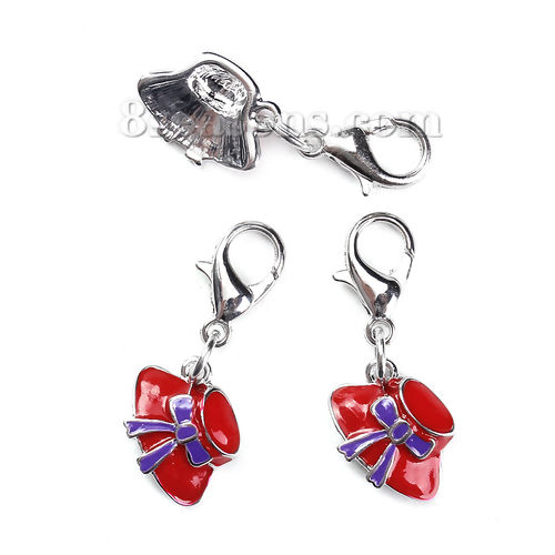 Picture of Zinc Based Alloy Clip On Charms For Vintage Charm Bracelets Pendants Hat Silver Tone Red Bowknot Enamel 32mm(1 2/8") x 12mm( 4/8"), 5 PCs