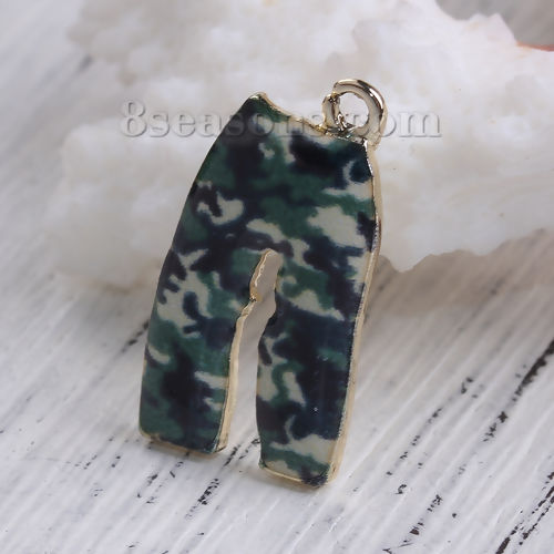 Picture of Zinc Based Alloy Charms Trousers Gold Plated Army Green Enamel 23mm( 7/8") x 13mm( 4/8"), 10 PCs
