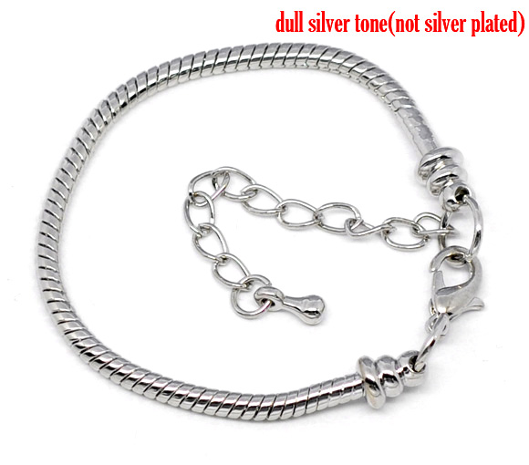 Picture of Copper European Style Snake Chain Charm Bracelets Silver Tone W/ Lobster Claw Clasp And Extender Chain For Kids/ Children 16cm long, 4 PCs