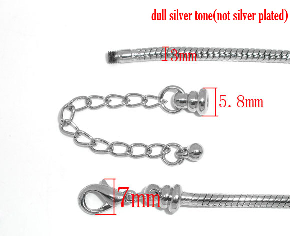 Picture of Copper European Style Snake Chain Charm Bracelets Silver Tone W/ Lobster Claw Clasp And Extender Chain For Kids/ Children 16cm long, 4 PCs
