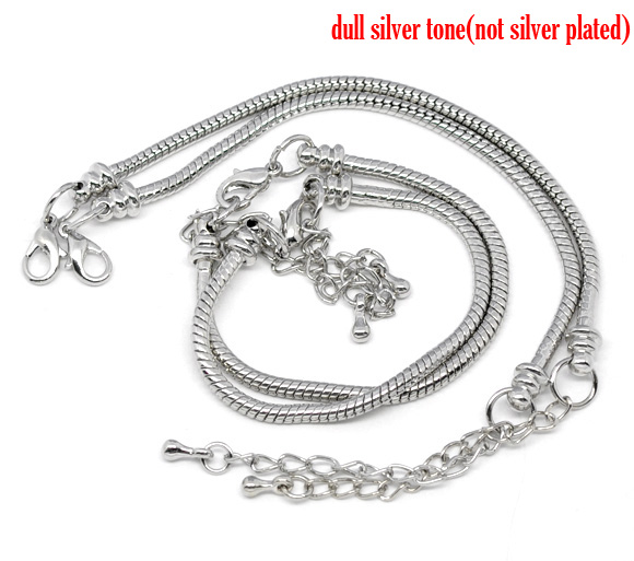 Picture of Copper European Style Snake Chain Charm Bracelets Silver Tone W/ Lobster Claw Clasp And Extender Chain For Kids/ Children 16cm long, 4 PCs