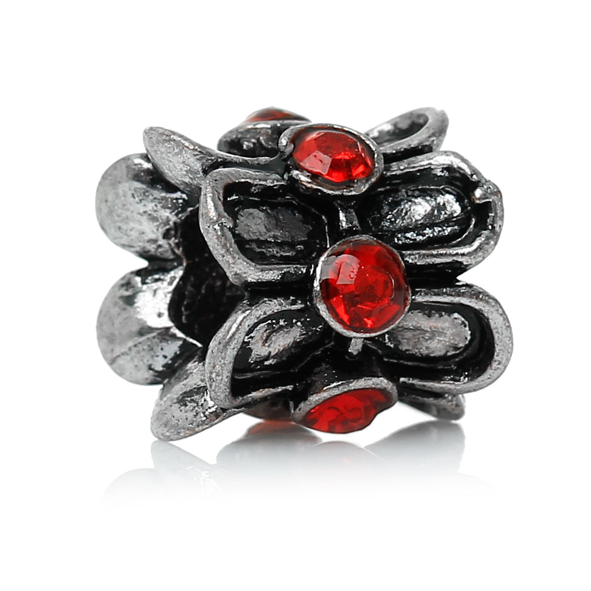 Picture of 10 PCs Zinc Based Alloy European Style Large Hole Charm Beads Antique Silver Color Drum Red Rhinestone 10mm x 10mm, Hole: Approx 5mm