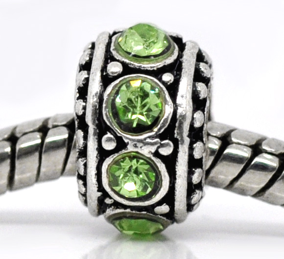 Picture of Zinc Metal Alloy & Rhinestone European Style European Style Beads Round Rhinestone Green Rhinestone About 10mm Dia, Hole: Approx 4.7mm, 10 PCs