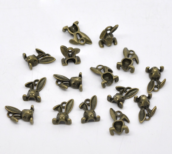 Picture of Zinc Based Alloy Easter 3D Charms Rabbit Animal Head Antique Bronze 14mm( 4/8") x 9mm( 3/8"), 50 PCs