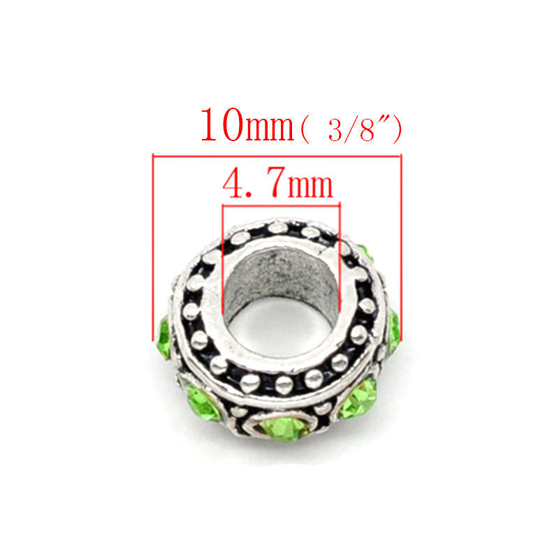 Picture of Zinc Metal Alloy & Rhinestone European Style European Style Beads Round Rhinestone Green Rhinestone About 10mm Dia, Hole: Approx 4.7mm, 10 PCs
