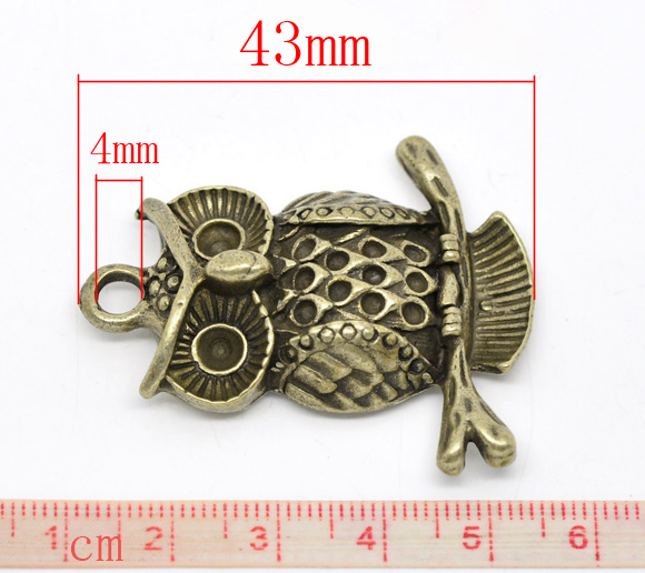 Picture of Zinc Based Alloy Halloween Pendants Owl Animal Antique Bronze (Can Hold 2-3mm 5mm Rhinestone) 43mm(1 6/8") x 36mm(1 3/8"), 5 PCs