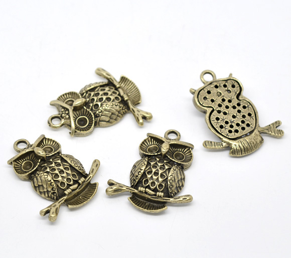 Picture of Zinc Based Alloy Halloween Pendants Owl Animal Antique Bronze (Can Hold 2-3mm 5mm Rhinestone) 43mm(1 6/8") x 36mm(1 3/8"), 5 PCs