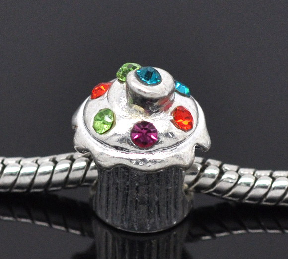 Picture of Zinc Metal Alloy European Style Large Hole Charm Beads Cupcake Silver Plated Multicolor Rhinestone 14x11mm, 10 PCs