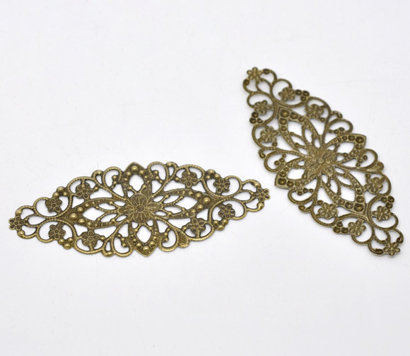 Picture of Filigree Stamping Embellishments Findings Oval Antique Bronze Flower Hollow Pattern 8cm(3 1/8") x 3.5cm(1 3/8"), 30 PCs