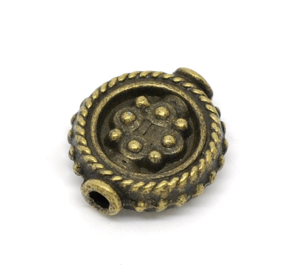 Picture of Zinc Based Alloy Spacer Beads Flat Round Antique Bronze Dot Carved About 13mm x 12mm, Hole:Approx 1.7mm, 30 PCs