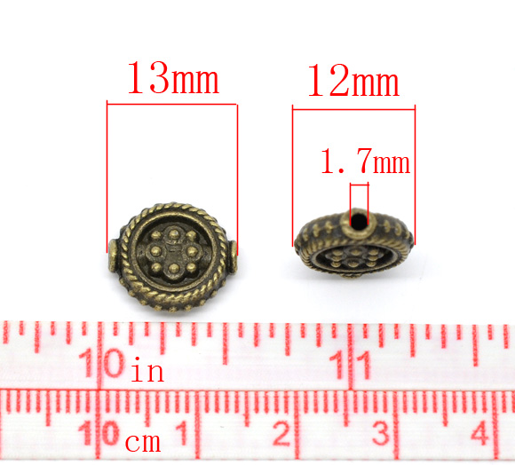 Picture of Zinc Based Alloy Spacer Beads Flat Round Antique Bronze Dot Carved About 13mm x 12mm, Hole:Approx 1.7mm, 30 PCs