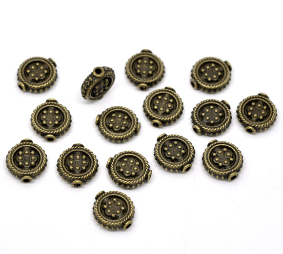 Picture of Zinc Based Alloy Spacer Beads Flat Round Antique Bronze Dot Carved About 13mm x 12mm, Hole:Approx 1.7mm, 30 PCs