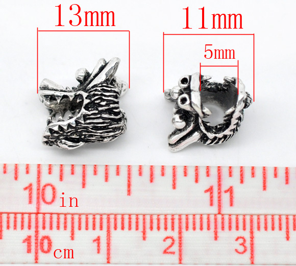 Picture of Zinc Metal Alloy European Style Large Hole Charm Beads Dragonhead Antique Silver Color Color Plated About 13mm x 11mm, Hole: Approx 5mm, 20 PCs