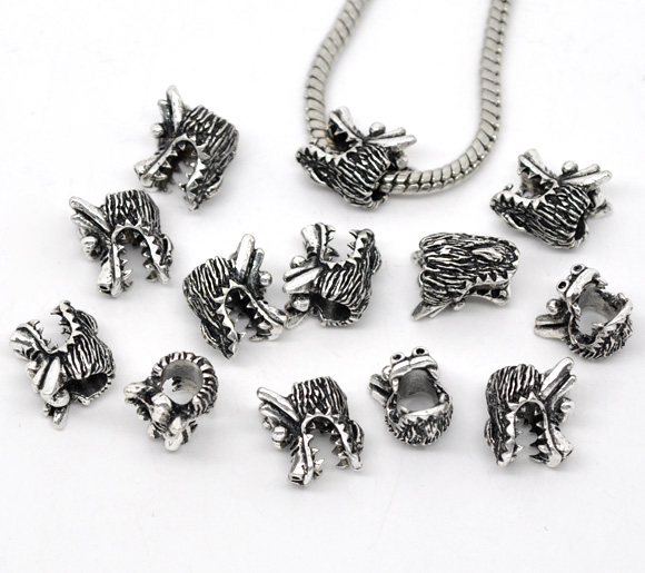 Picture of Zinc Metal Alloy European Style Large Hole Charm Beads Dragonhead Antique Silver Color Color Plated About 13mm x 11mm, Hole: Approx 5mm, 20 PCs