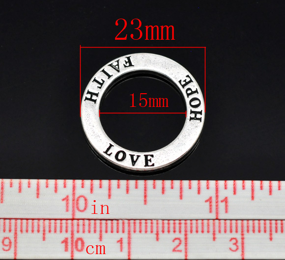 Picture of Zinc Based Alloy Charms Circle Washer Donut Antique Silver Color Message " Love Hope Faith " Carved 23mm( 7/8") Dia, 20 PCs