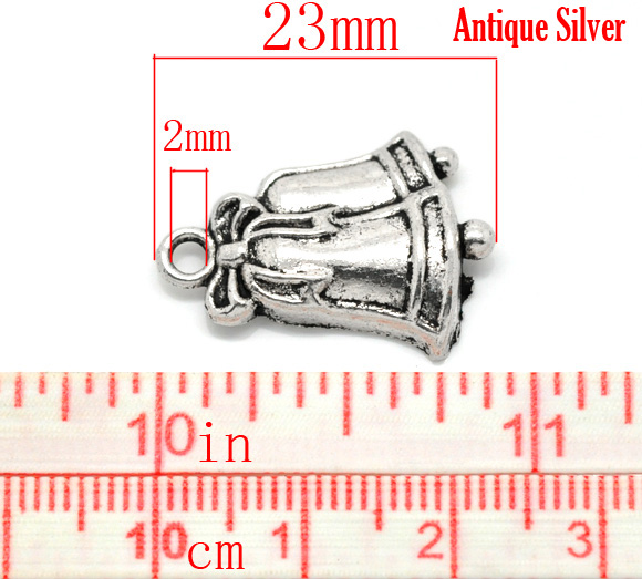 Picture of Antique Silver Color Christmas Jingle Bell Charms Pendants 23x17mm, sold per packet of 30