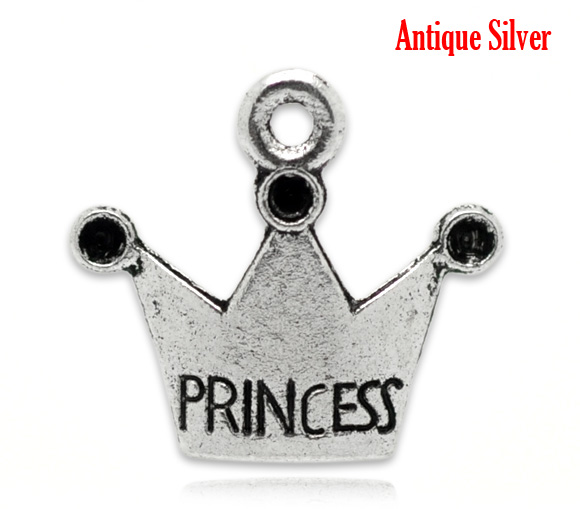 Picture of Zinc Based Alloy Charms Crown Antique Silver Color (Can Hold ss7 Rhinestone) Message " PRINCESS " Carved 19mm( 6/8") x 17mm( 5/8"), 100 PCs