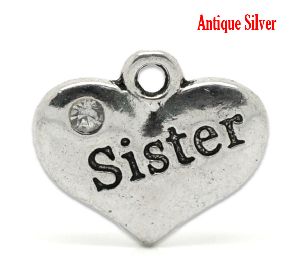 Picture of Zinc Based Alloy Charms Heart Antique Silver Color Message " Sister " Carved Clear Rhinestone 6mm( 5/8") x 14mm( 4/8"), 20 PCs