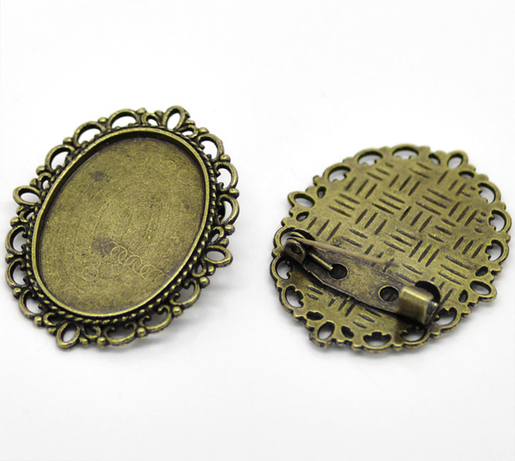 Picture of Zinc Based Alloy Pin Brooches Findings Oval Antique Bronze Cabochon Settings (Fits 25mm x 18mm) 36mm(1 3/8") x 29mm(1 1/8"), 10 PCs