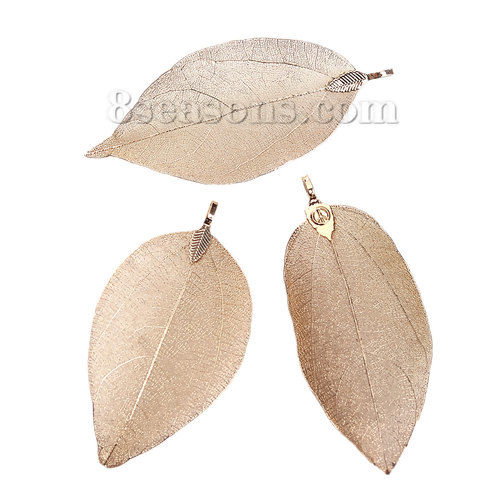 Picture of Brass Pendants Leaf KC Gold Plated 7.3cm x3.9cm(2 7/8" x1 4/8") - 7cm x3cm(2 6/8" x1 1/8"), 2 PCs