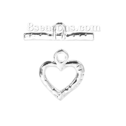 Picture of Zinc Based Alloy Toggle Clasps Heart Silver Plated 28mm x 24mm 34mm x 9mm, 10 Sets