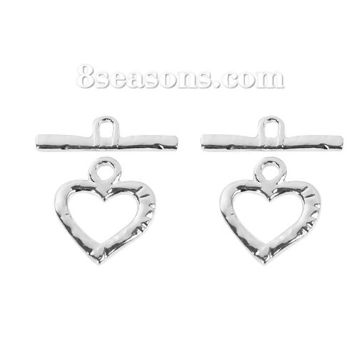 Picture of Zinc Based Alloy Toggle Clasps Heart Silver Plated 28mm x 24mm 34mm x 9mm, 10 Sets