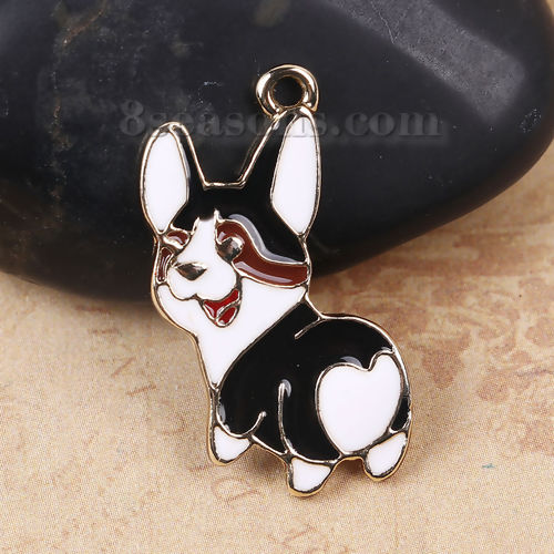 Picture of Zinc Based Alloy Charms Dog Animal Gold Plated Black & White Enamel 27mm(1 1/8") x 15mm( 5/8"), 10 PCs