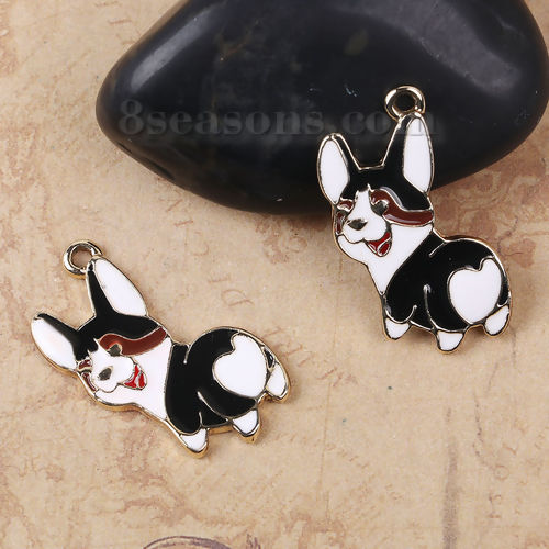 Picture of Zinc Based Alloy Charms Dog Animal Gold Plated Black & White Enamel 27mm(1 1/8") x 15mm( 5/8"), 10 PCs