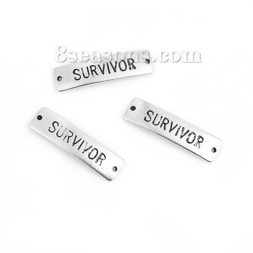 Picture of Zinc Based Alloy Connectors Rectangle Antique Silver Color Message " SURVIVOR " 34mm x 9mm, 10 PCs