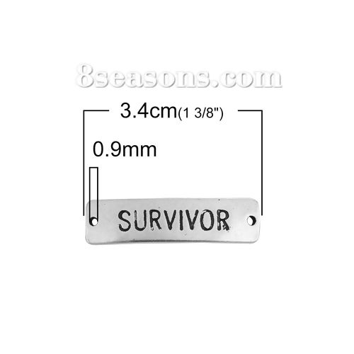 Picture of Zinc Based Alloy Connectors Rectangle Antique Silver Color Message " SURVIVOR " 34mm x 9mm, 10 PCs