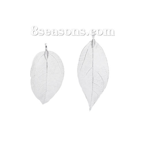 Picture of Brass Pendants Leaf Silver Plated Filigree 60mm x 30mm(2 3/8"x1 1/8") - 71mm x 36mm(2 6/8"x1 3/8"), 2 PCs