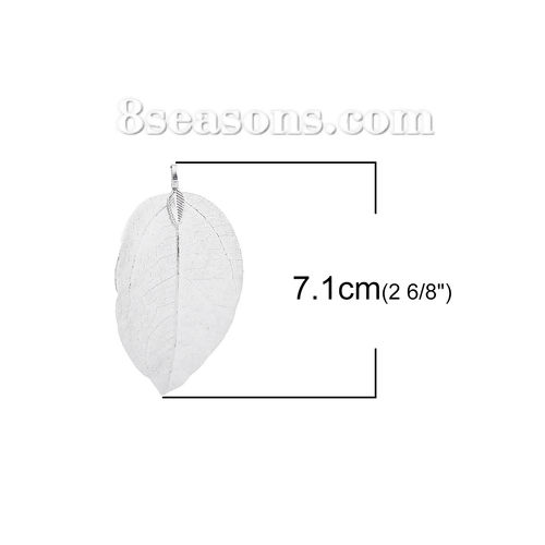 Picture of Brass Pendants Leaf Silver Plated Filigree 60mm x 30mm(2 3/8"x1 1/8") - 71mm x 36mm(2 6/8"x1 3/8"), 2 PCs