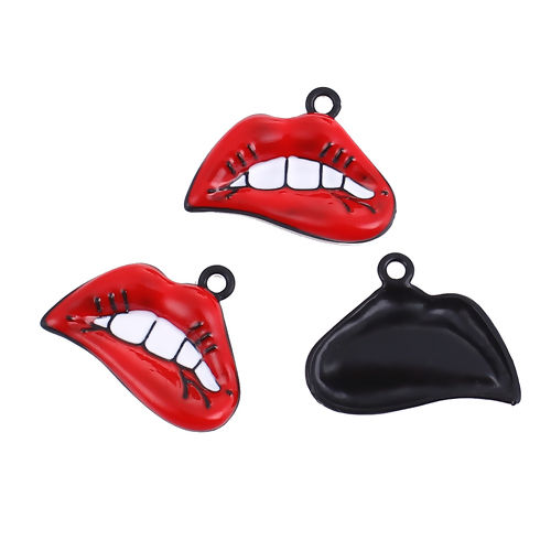 Picture of 5 PCs Zinc Based Alloy Charms Black White & Red Lip 28mm x 22mm