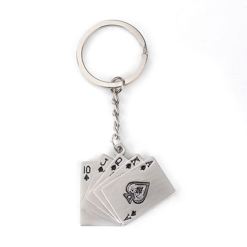 Picture of Keychain & Keyring Poker Card Silver Tone Black Sapdes Enamel 90mm x 30mm, 1 Piece