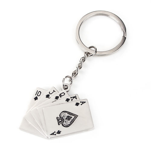 Picture of Keychain & Keyring Poker Card Silver Tone Black Sapdes Enamel 90mm x 30mm, 1 Piece