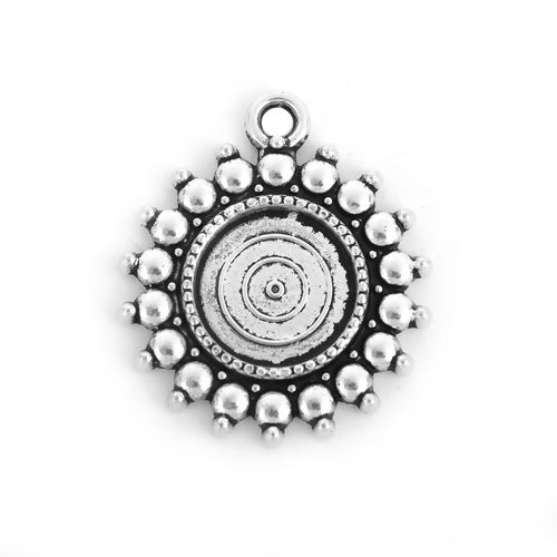 Picture of Zinc Based Alloy Charms Round Disc Antique Silver Color Cabochon Settings (Fits 12mm Dia.) 27mm x 24mm, 30 PCs